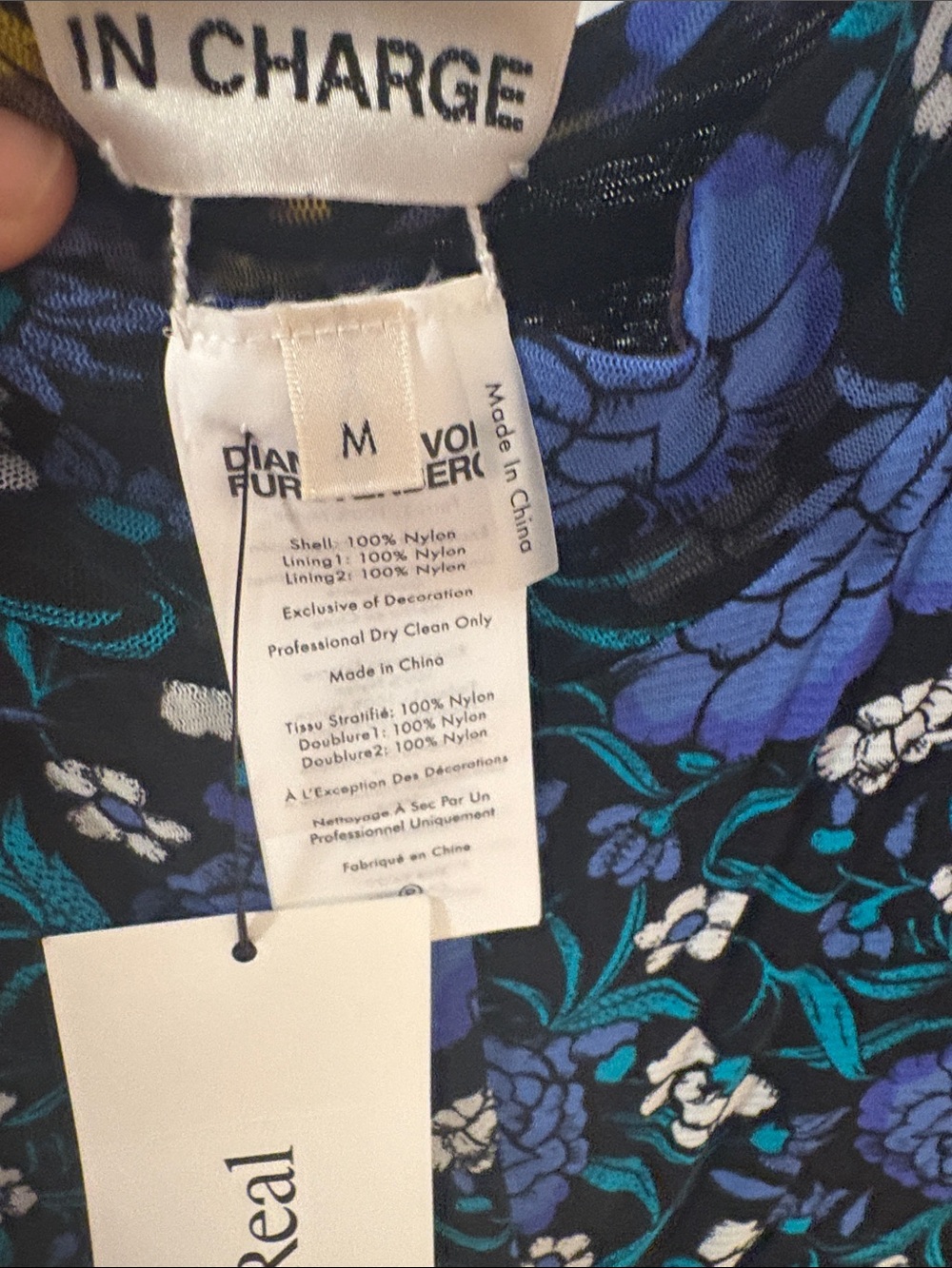Blue Floral Ruched Long-Sleeve Dress - DVF - reversible! Leopard abstract print - Picture 4 of 6